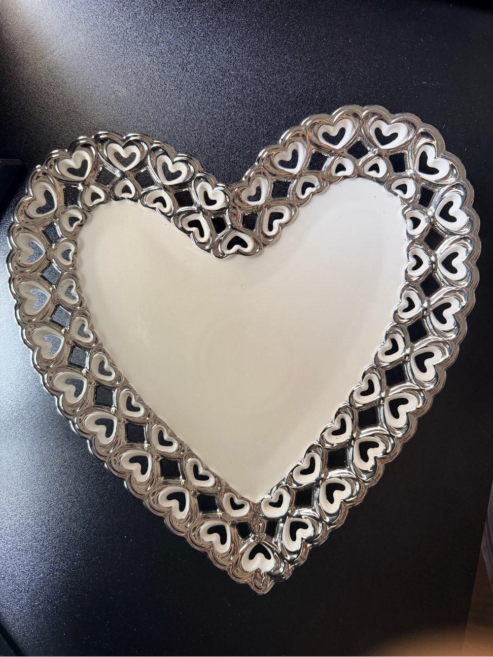 Heart-Shaped Tray with Silver Heart Border - White Center